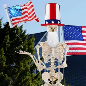 4th of July 12 ft Skeleton Accessories Independence Day Large Hat and Inflatable American Flag for Patriotic Star Red Blue Garden Lawn Outdoor Memorial Day Decor (Skeleton Not Included)