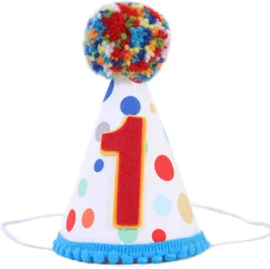 Baby 1st Birthday Party Hat - Primary Colors, Handmade Birthday Hat for Baby Girls/Boys, Confetti Cone Hat with Colored Fur Balls, Size 5 1/2, Suitable for Babies around 1 Year Old