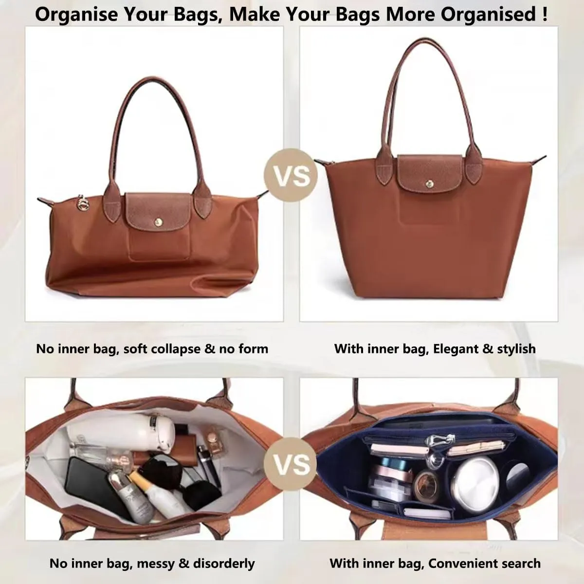 Chispee Felt Purse Organizer Insert Tote Organizers for Longchamp Divider Pocket & Zipper Inner Bag Liner fit Large, Navy Blue