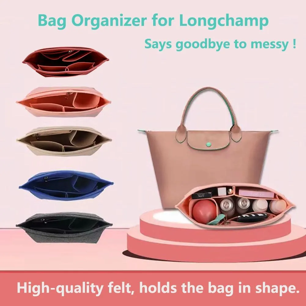 Chispee Felt Purse Organizer Insert Tote Organizers for Longchamp Divider Pocket & Zipper Inner Bag Liner fit Large, Navy Blue