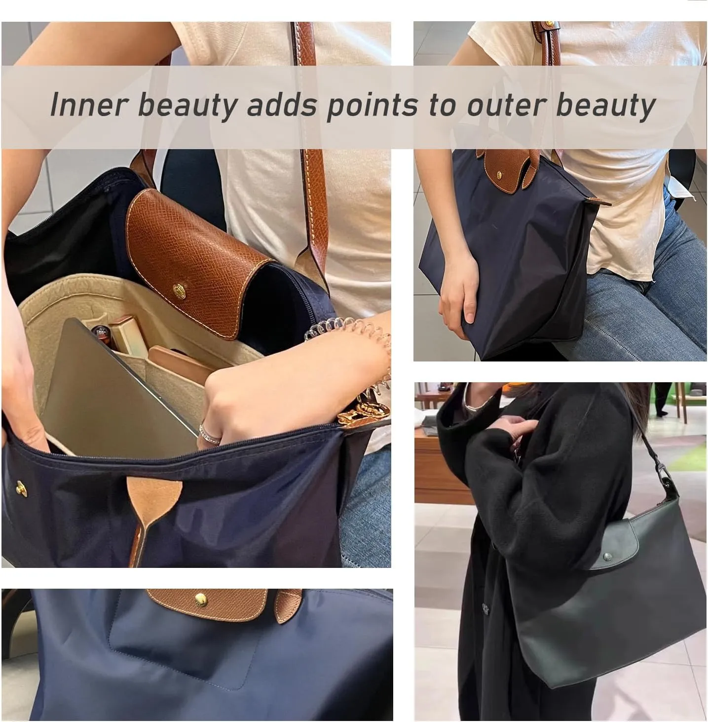 Chispee Felt Purse Organizer Insert Tote Organizers for Longchamp Divider Pocket & Zipper Inner Bag Liner fit Large, Navy Blue