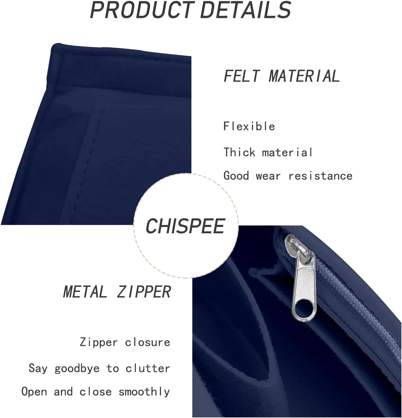 Chispee Felt Purse Organizer Insert Tote Organizers for Longchamp Divider Pocket & Zipper Inner Bag Liner fit Large, Navy Blue