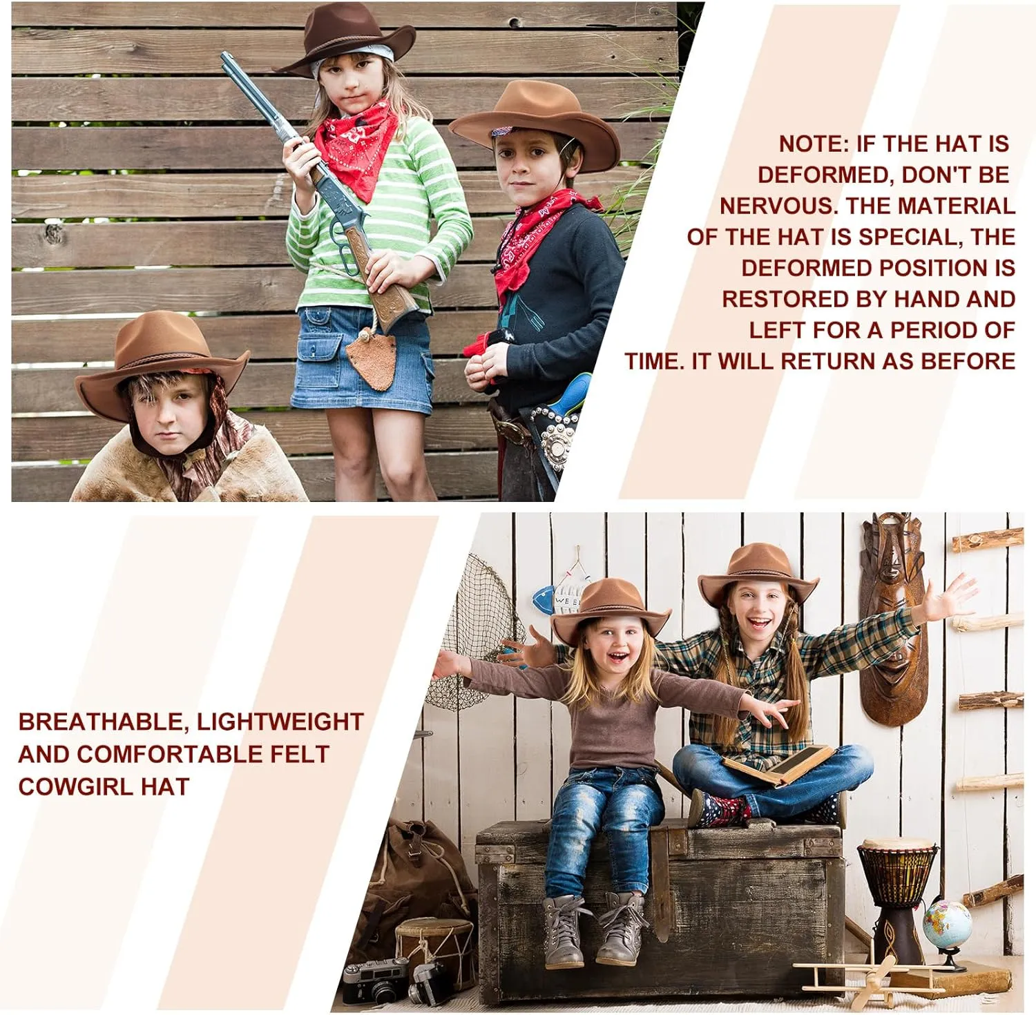 Chuarry 4 Pcs Women Men Felt Western Cowboy Hats Wide Brim Cowgirl Hats Panama Hat for Adults Costume Outdoor