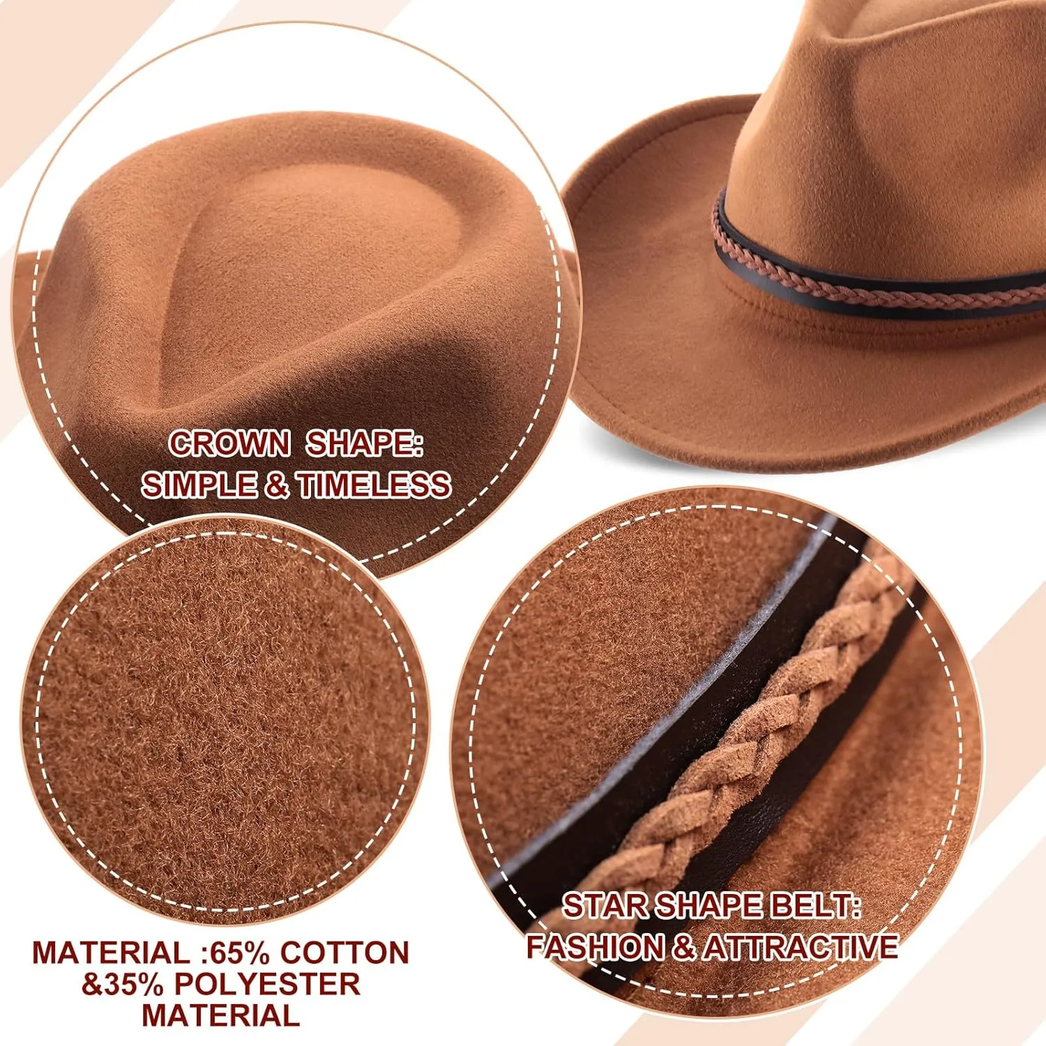 Chuarry 4 Pcs Women Men Felt Western Cowboy Hats Wide Brim Cowgirl Hats Panama Hat for Adults Costume Outdoor