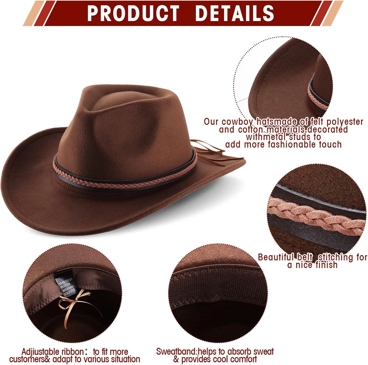 Chuarry 4 Pcs Women Men Felt Western Cowboy Hats Wide Brim Cowgirl Hats Panama Hat for Adults Costume Outdoor