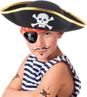 D-Fokes 2 Packs Kids Felt Pirate Hat - Tri Corner Pirate Party Hat - Skull Print Pirate Captain Costume - Party, Birthday, Halloween Accessories with Eye Patch
