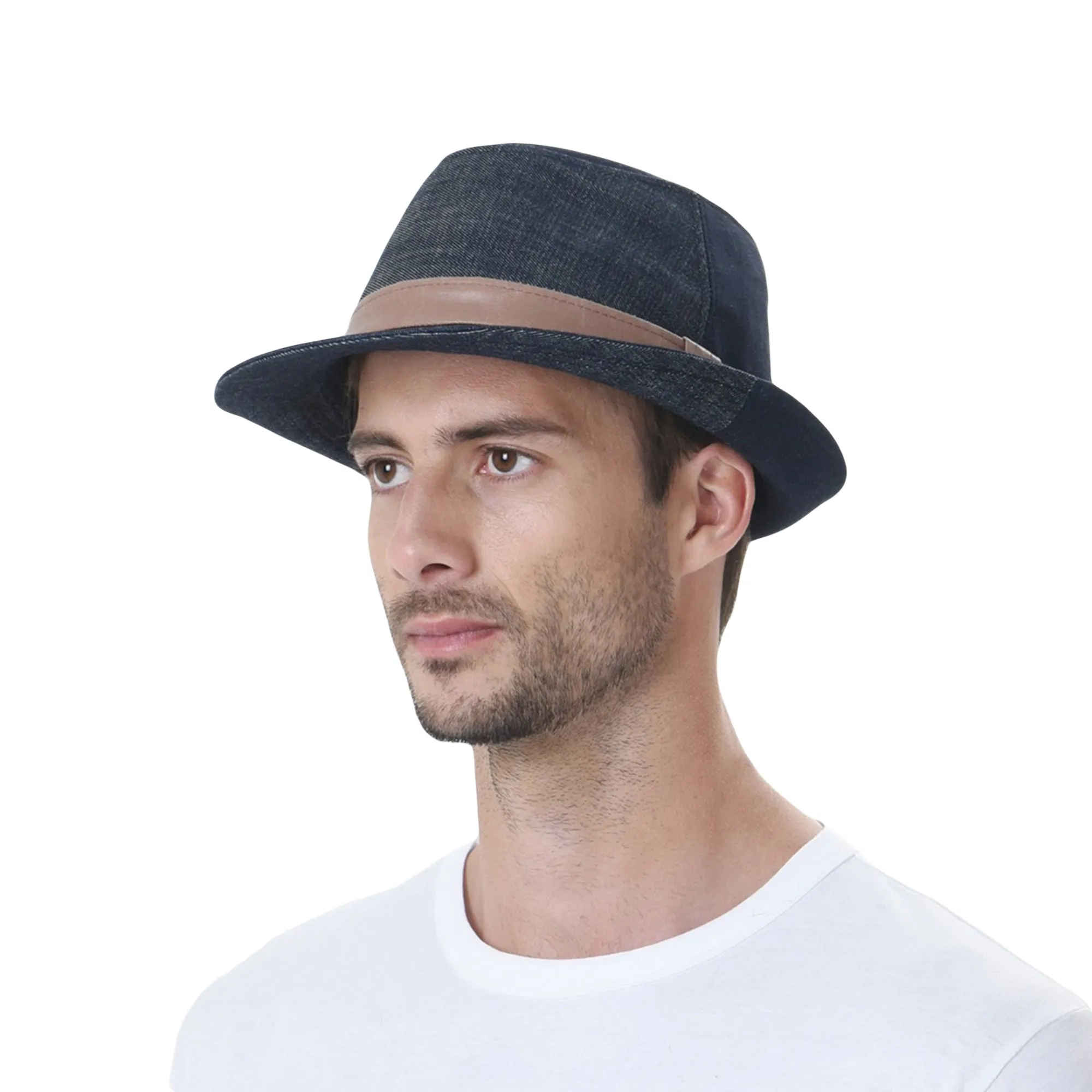 Denim Cotton Fedora Hat with Faux Leather Band LD3279