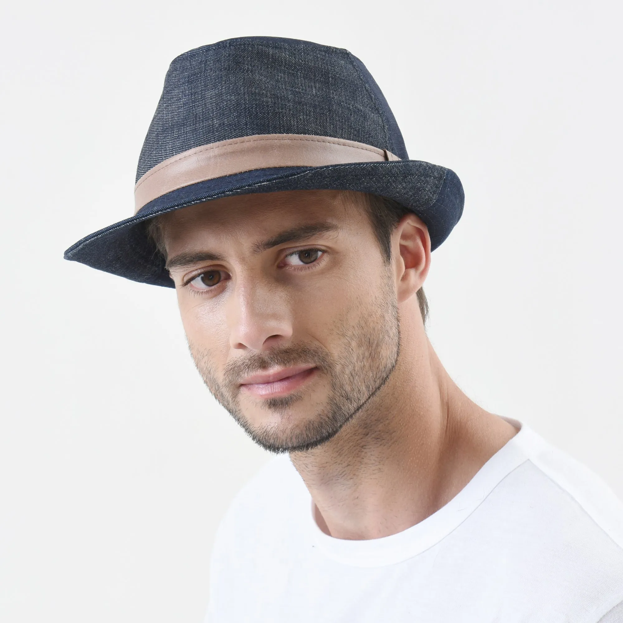 Denim Cotton Fedora Hat with Faux Leather Band LD3279