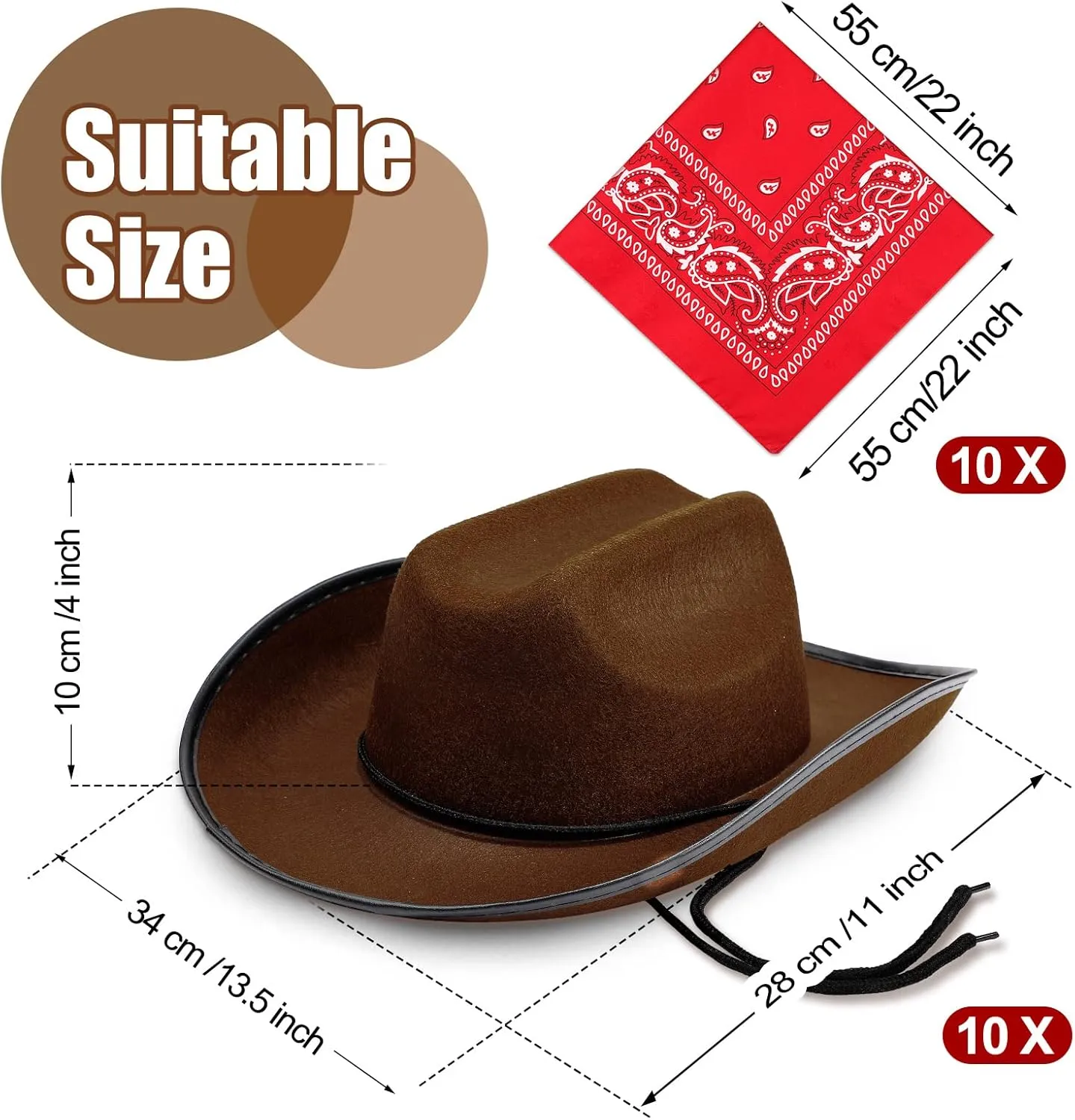 Funtery 20 Pack 10 Sets Kids Cowboy Hat, Western Hats with Red Bandanna for Birthday Party Cosplay, Halloween