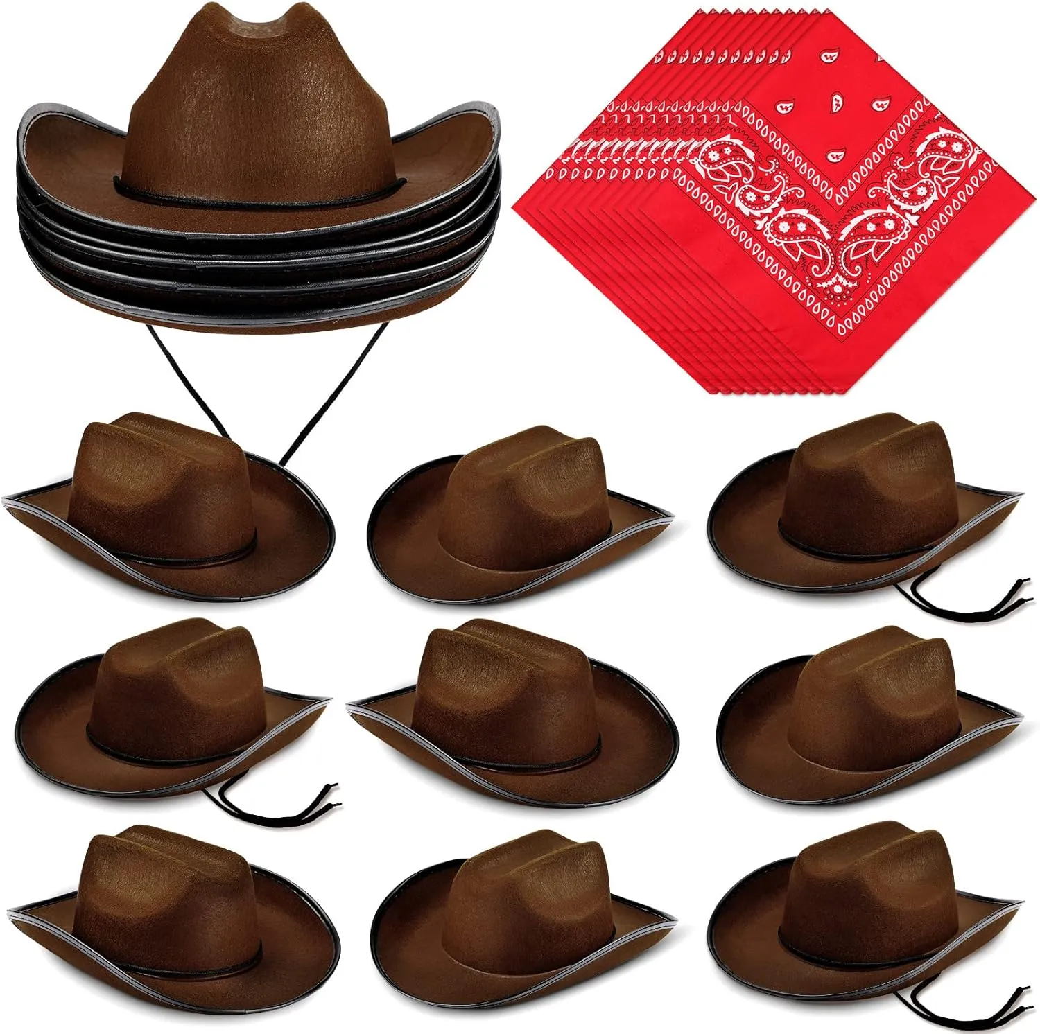 Funtery 20 Pack 10 Sets Kids Cowboy Hat, Western Hats with Red Bandanna for Birthday Party Cosplay, Halloween