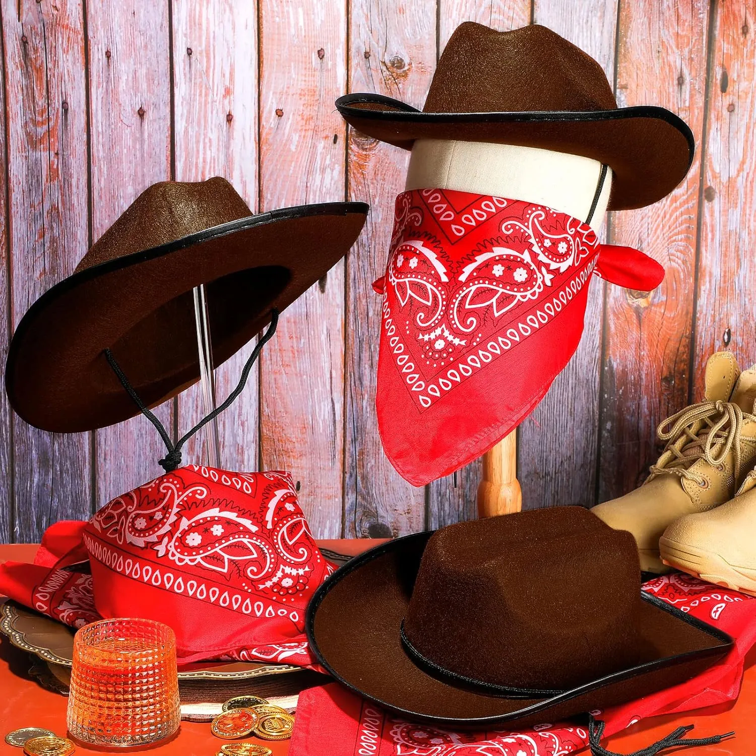 Funtery 20 Pack 10 Sets Kids Cowboy Hat, Western Hats with Red Bandanna for Birthday Party Cosplay, Halloween