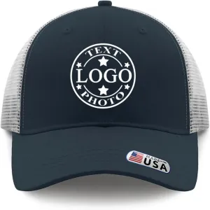 Hat for Men Women- Made in USA -Bulk Customized Baseball Cap Design Your Own,Personalized Trucker Hat add Your Logo Text Photo,Navy Blue