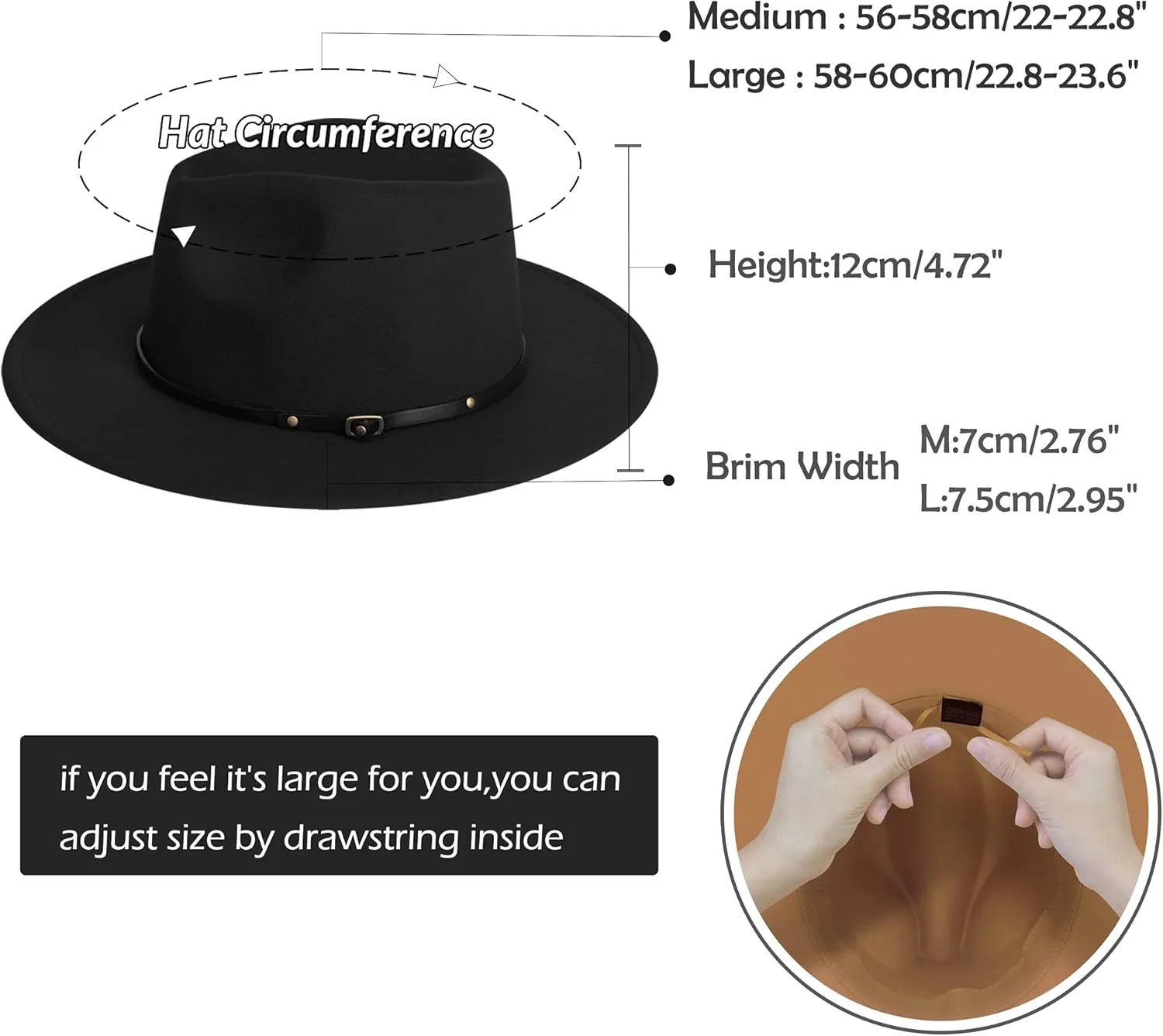 jingsha Fedora Hats for Men & Women Wide Brim Fedora Felt Panama Hat Men's Dress Hats with Belt Buckle