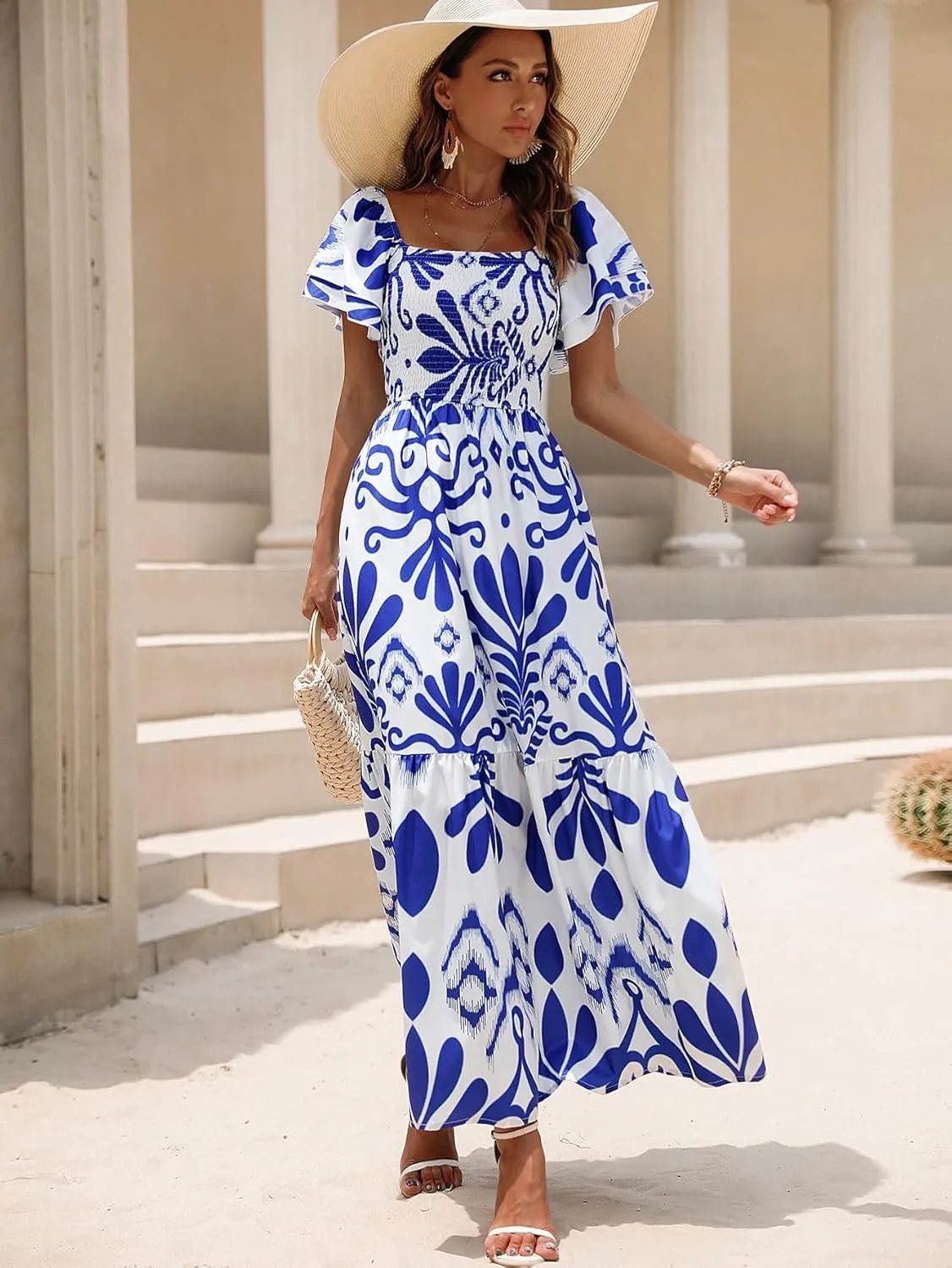 MakeMeChic Women's Floral Print Layered Short Sleeve Square Neck Ruffle High Waist A Line Summer Long Dress