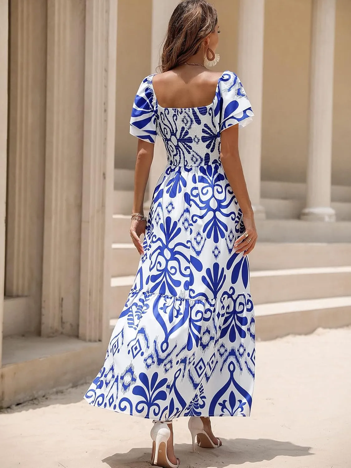 MakeMeChic Women's Floral Print Layered Short Sleeve Square Neck Ruffle High Waist A Line Summer Long Dress