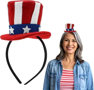 Nicky Bigs Novelties Patriotic Mini Top Hat Headband 4th of July Uncle Sam Costume Accessory for Men Women USA Red White Blue Striped Felt Hat with Stars Independence Day Party Parade Wear