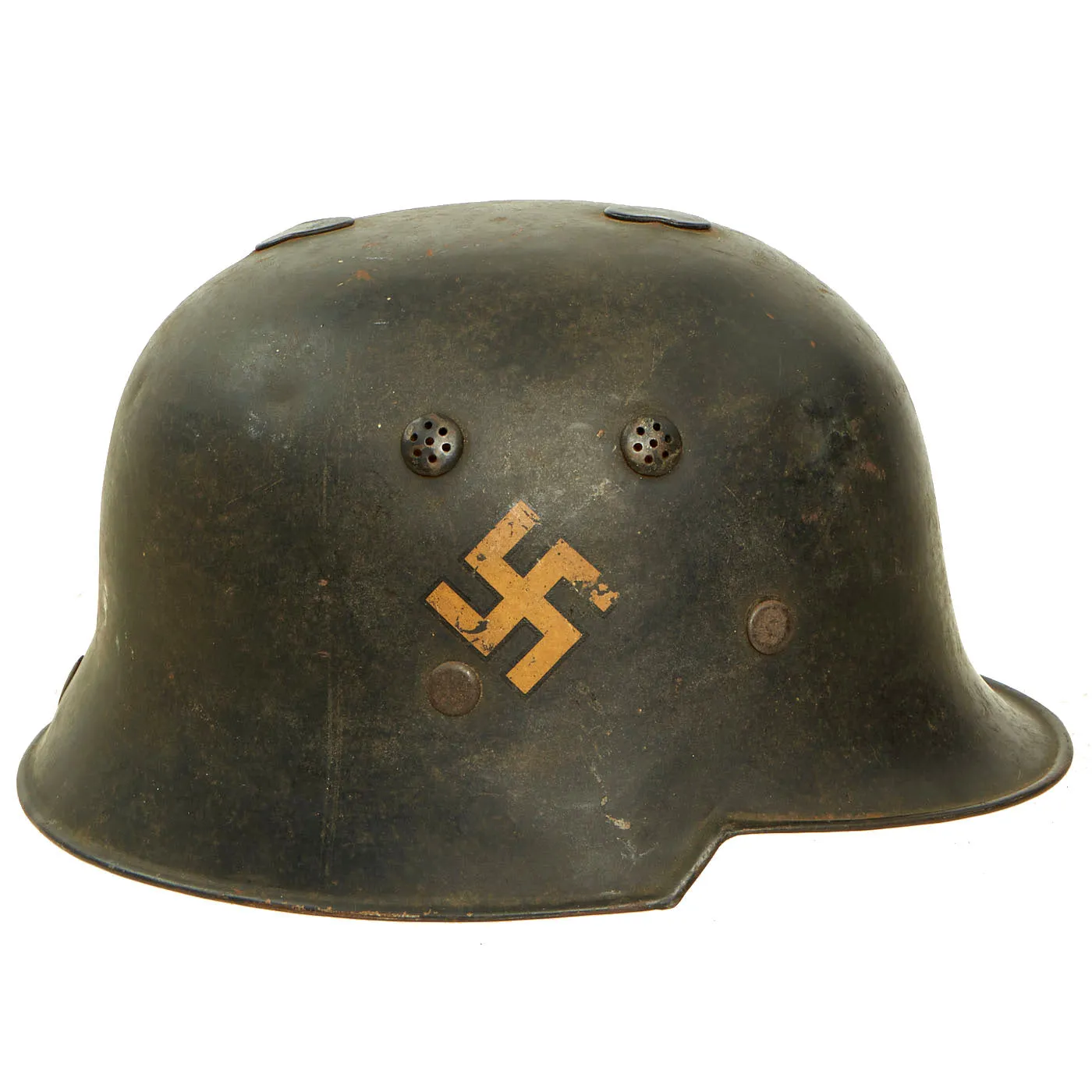 Original German Pre-WWII M34 Square Dip Early First Pattern Fire Protection Police Helmet with Double Decals