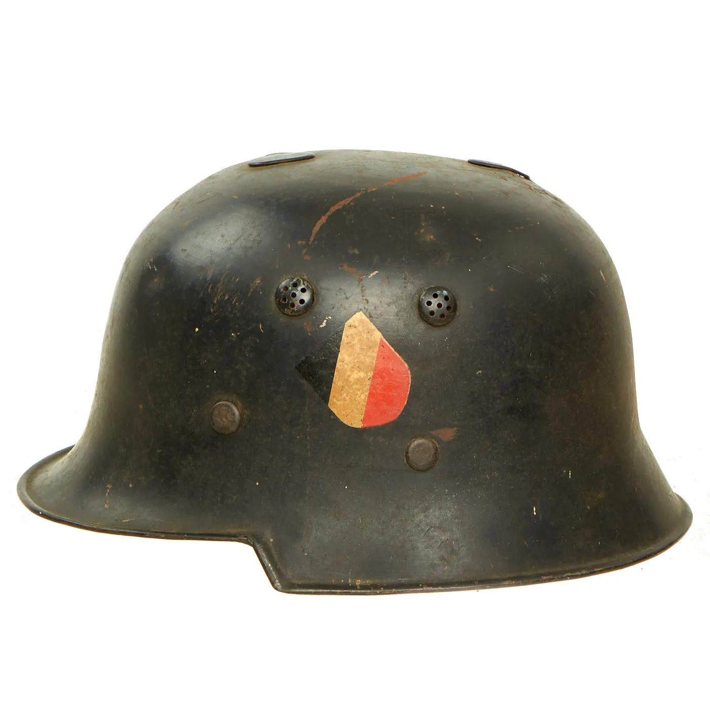 Original German Pre-WWII M34 Square Dip Early First Pattern Fire Protection Police Helmet with Double Decals