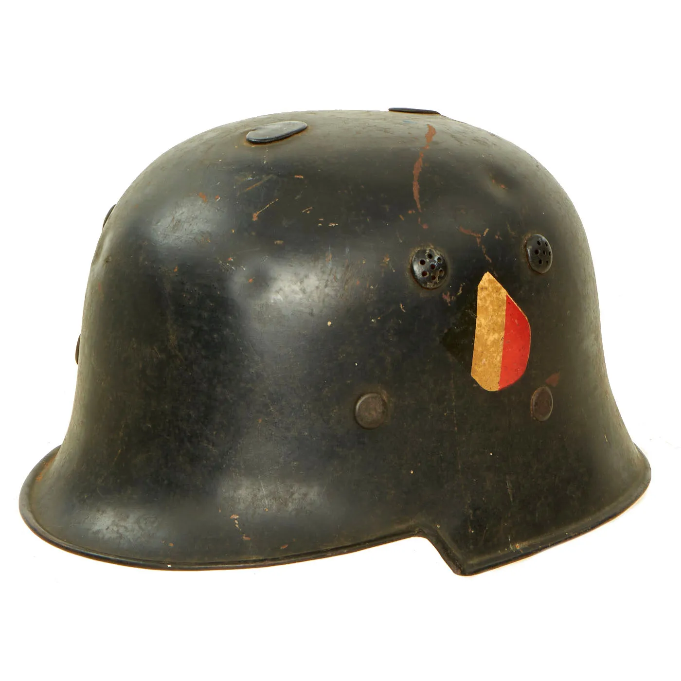 Original German Pre-WWII M34 Square Dip Early First Pattern Fire Protection Police Helmet with Double Decals
