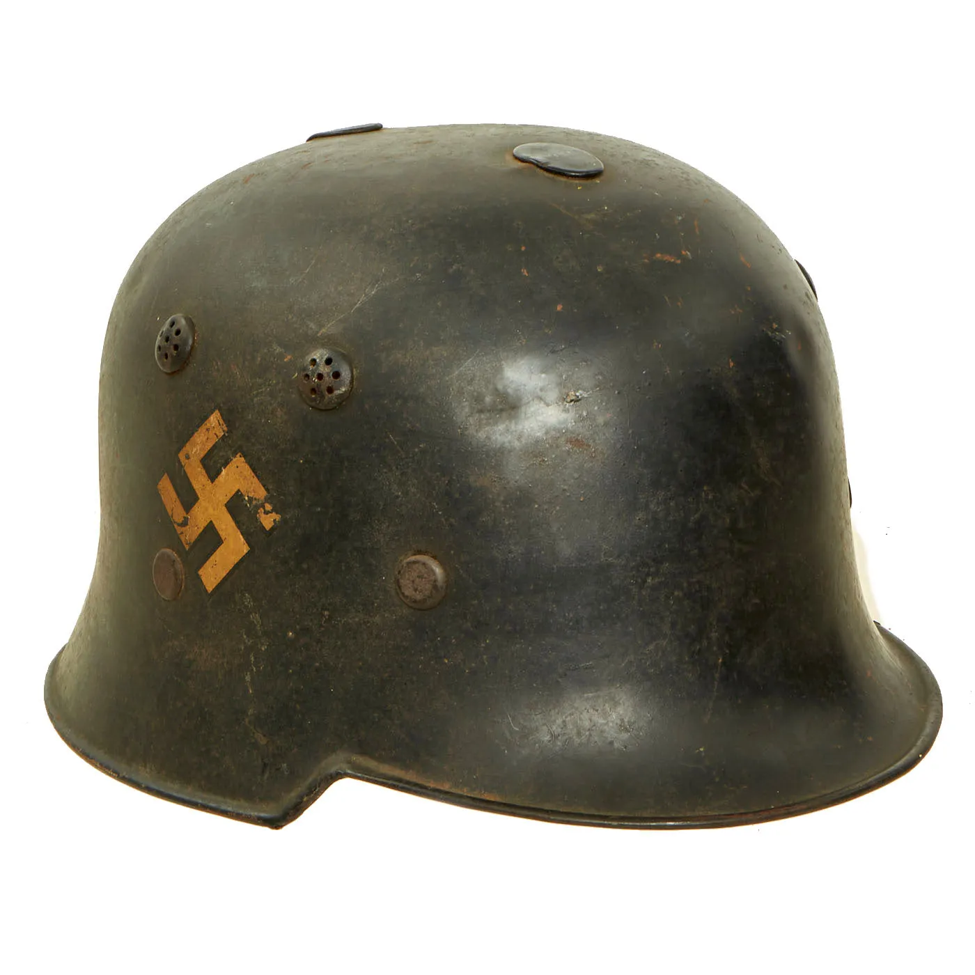 Original German Pre-WWII M34 Square Dip Early First Pattern Fire Protection Police Helmet with Double Decals