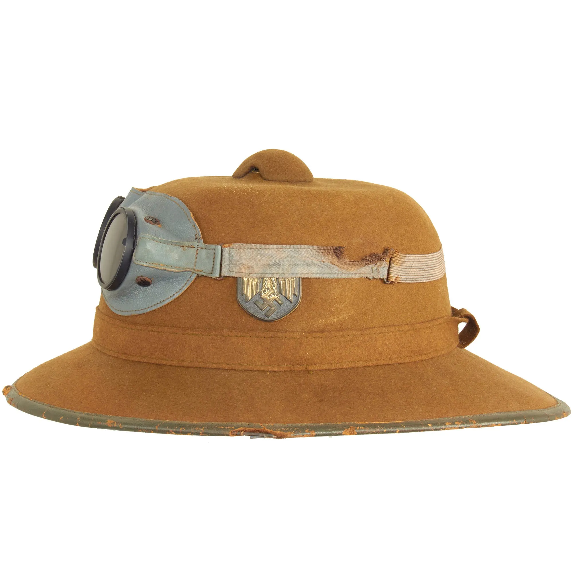 Original German WWII 1942 dated 2nd Model Afrikakorps DAK Sun Helmet by APN with Badges & Ultrasin Goggles - size 55