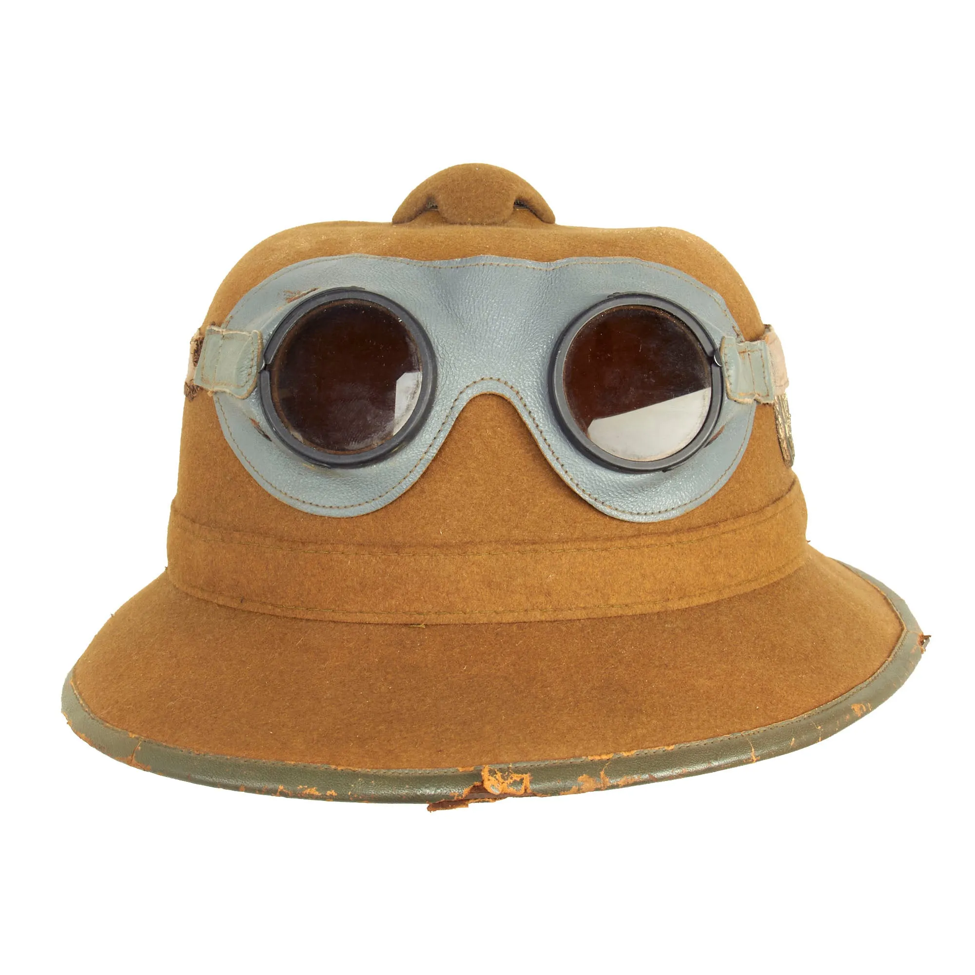 Original German WWII 1942 dated 2nd Model Afrikakorps DAK Sun Helmet by APN with Badges & Ultrasin Goggles - size 55
