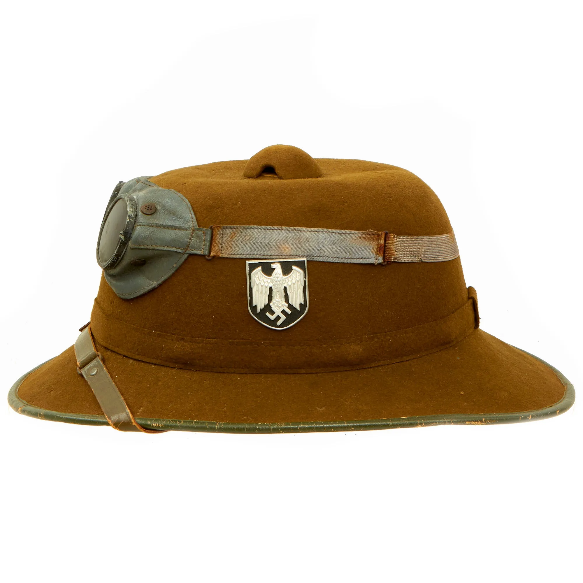 Original German WWII 1942 dated 2nd Model Afrikakorps DAK Sun Helmet by APN with Badges & Ultrasin Goggles - size 59