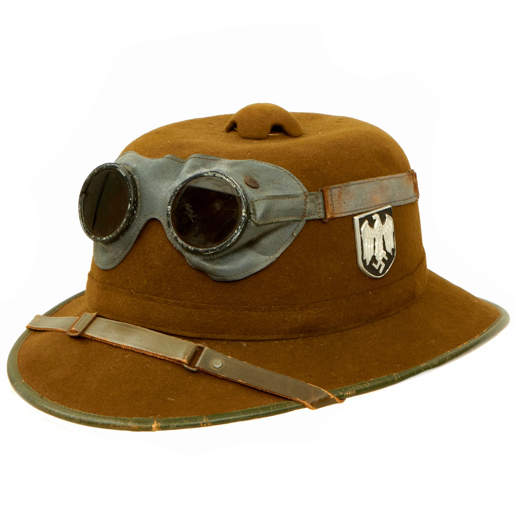 Original German WWII 1942 dated 2nd Model Afrikakorps DAK Sun Helmet by APN with Badges & Ultrasin Goggles - size 59