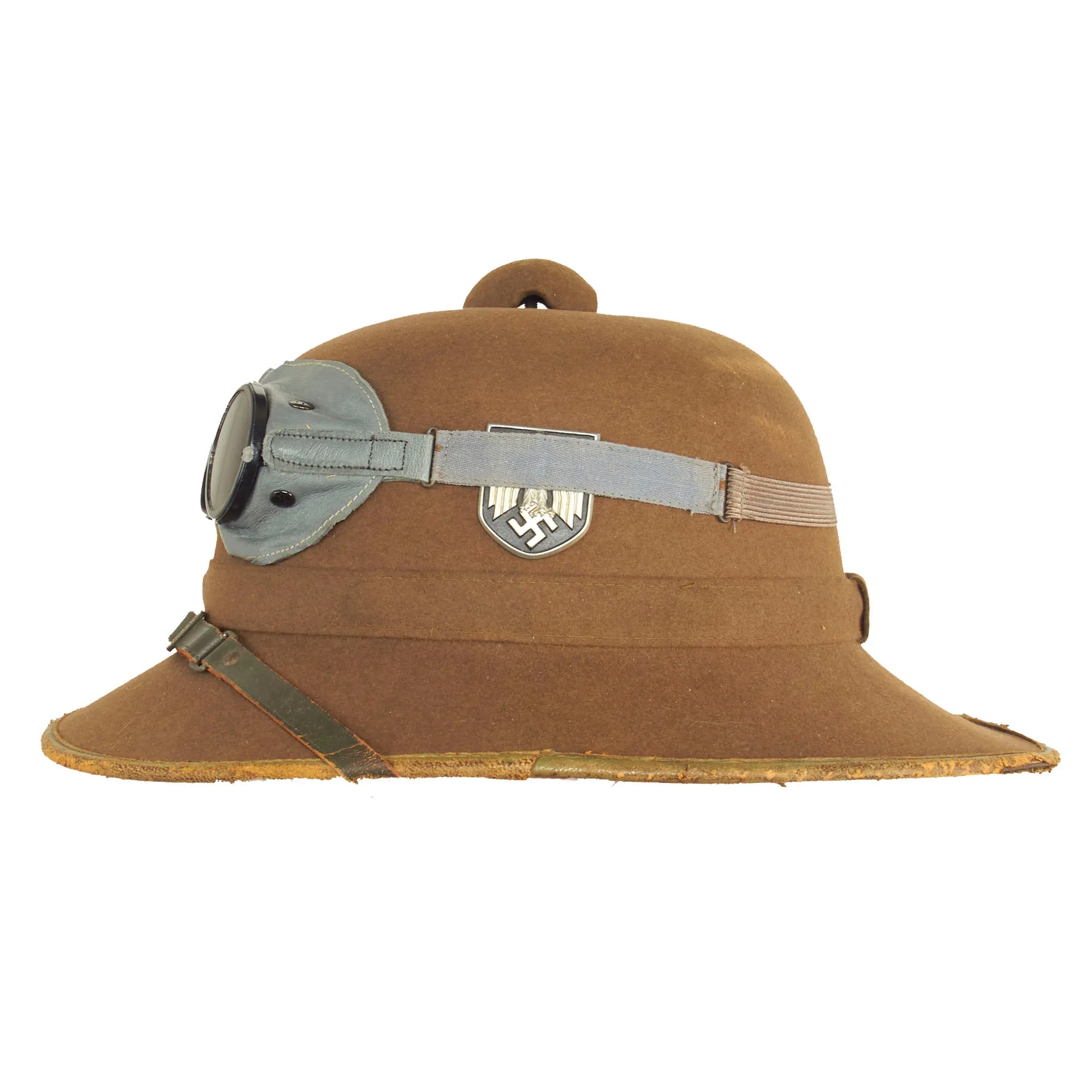 Original German WWII 1942 dated 2nd Model Afrikakorps DAK Sun Helmet by JHS with Badges & Ultrasin Goggles - size 57