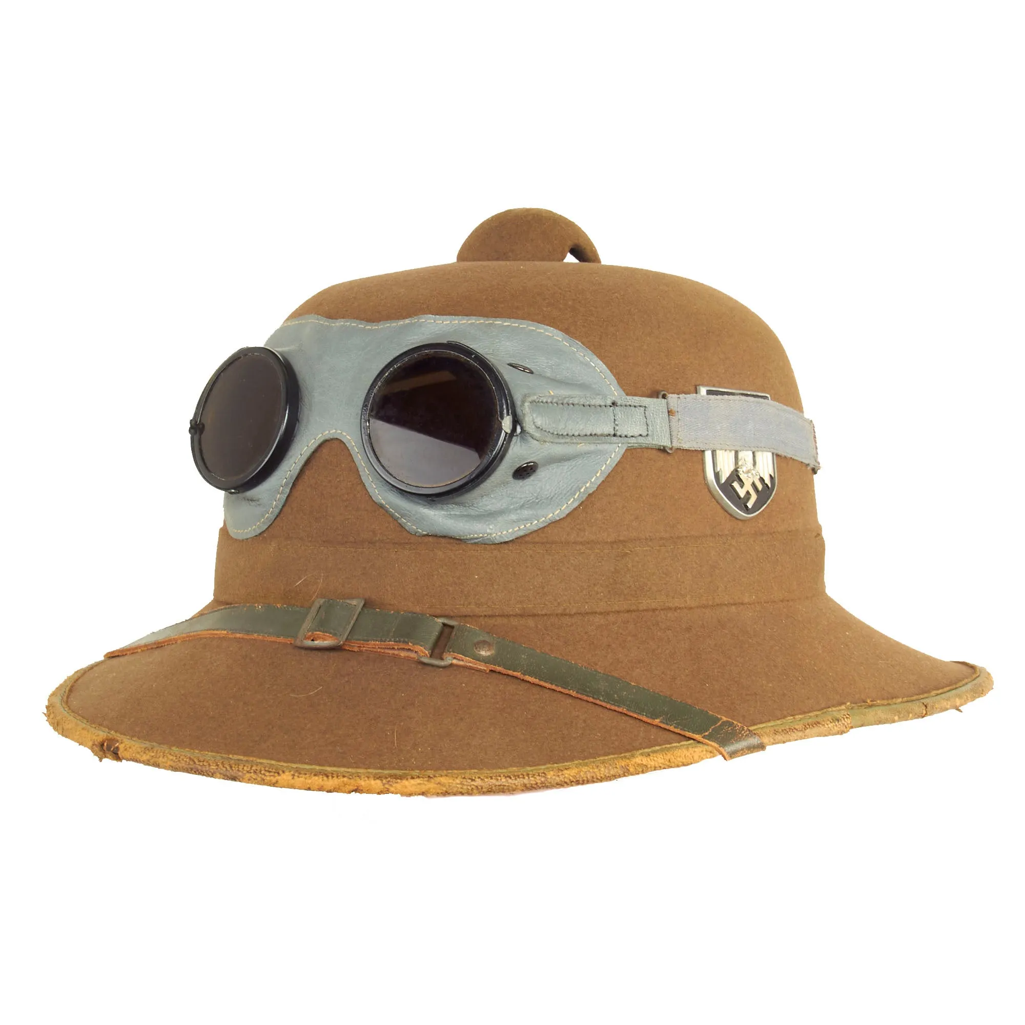 Original German WWII 1942 dated 2nd Model Afrikakorps DAK Sun Helmet by JHS with Badges & Ultrasin Goggles - size 57