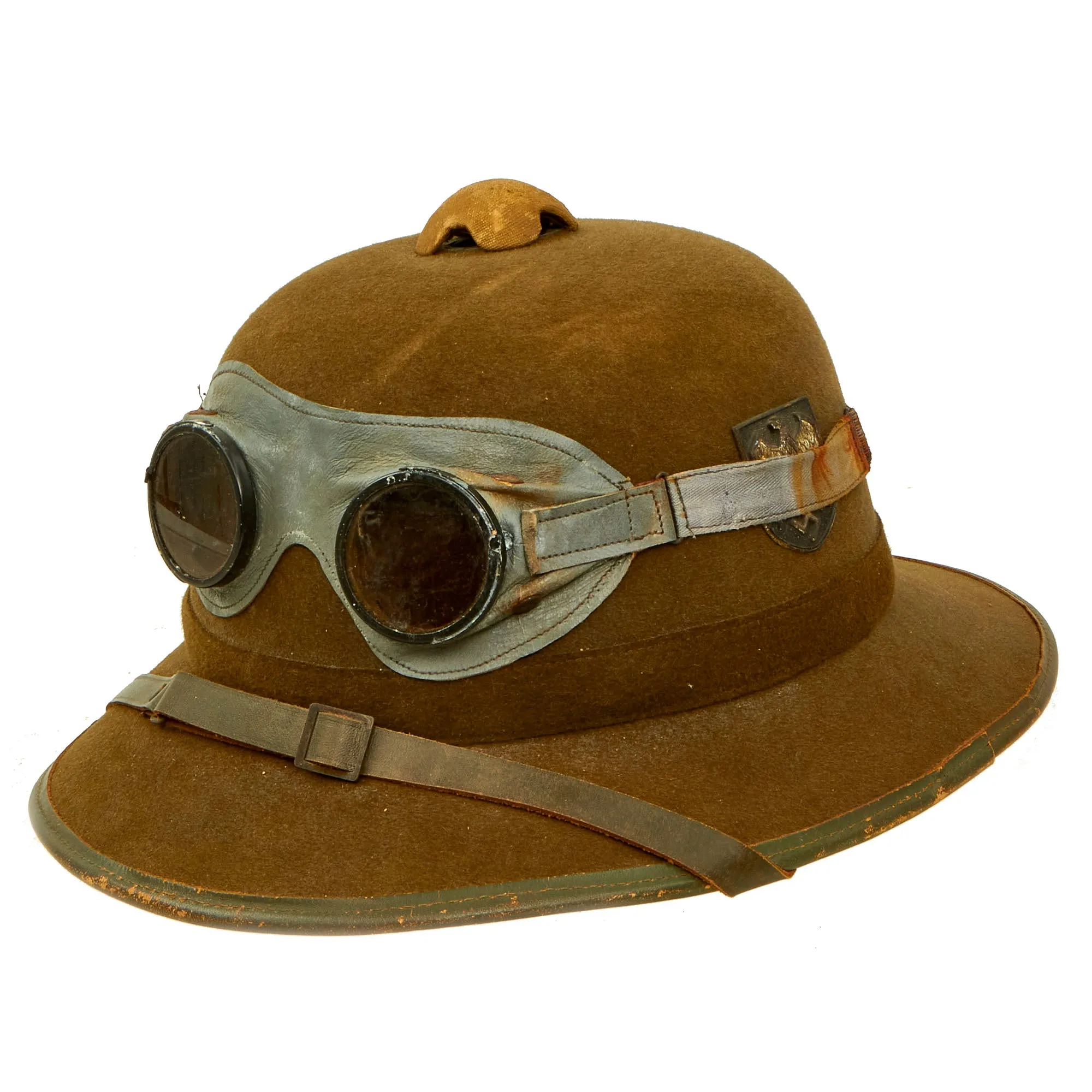 Original German WWII 1942 dated 2nd Model Afrikakorps DAK Sun Helmet by JTA with Badges & Ultrasin Goggles - size 56