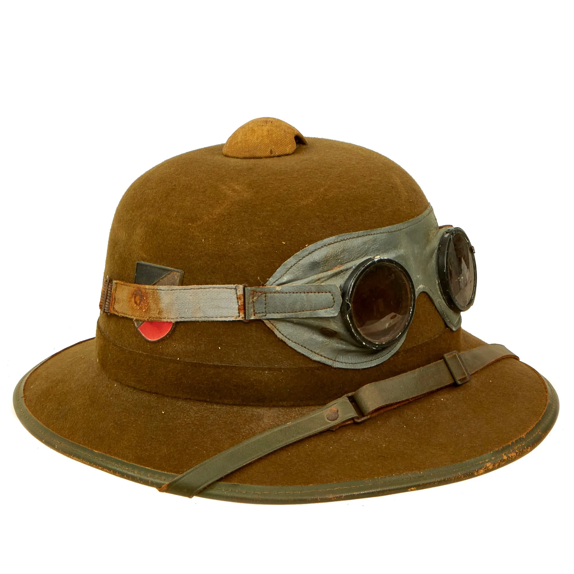Original German WWII 1942 dated 2nd Model Afrikakorps DAK Sun Helmet by JTA with Badges & Ultrasin Goggles - size 56