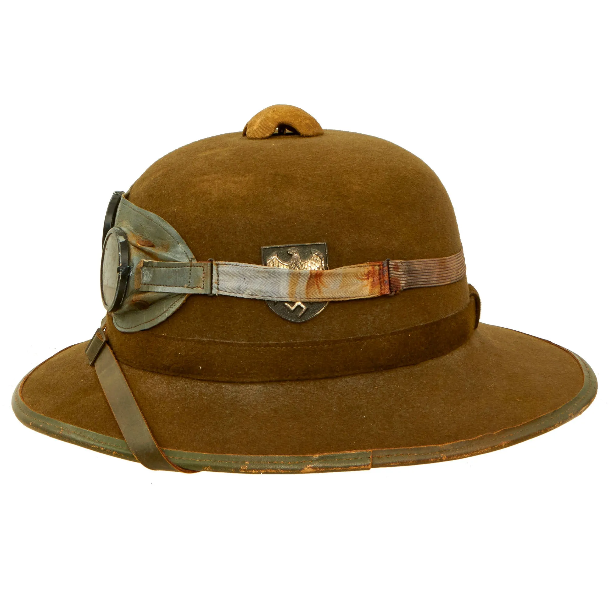 Original German WWII 1942 dated 2nd Model Afrikakorps DAK Sun Helmet by JTA with Badges & Ultrasin Goggles - size 56