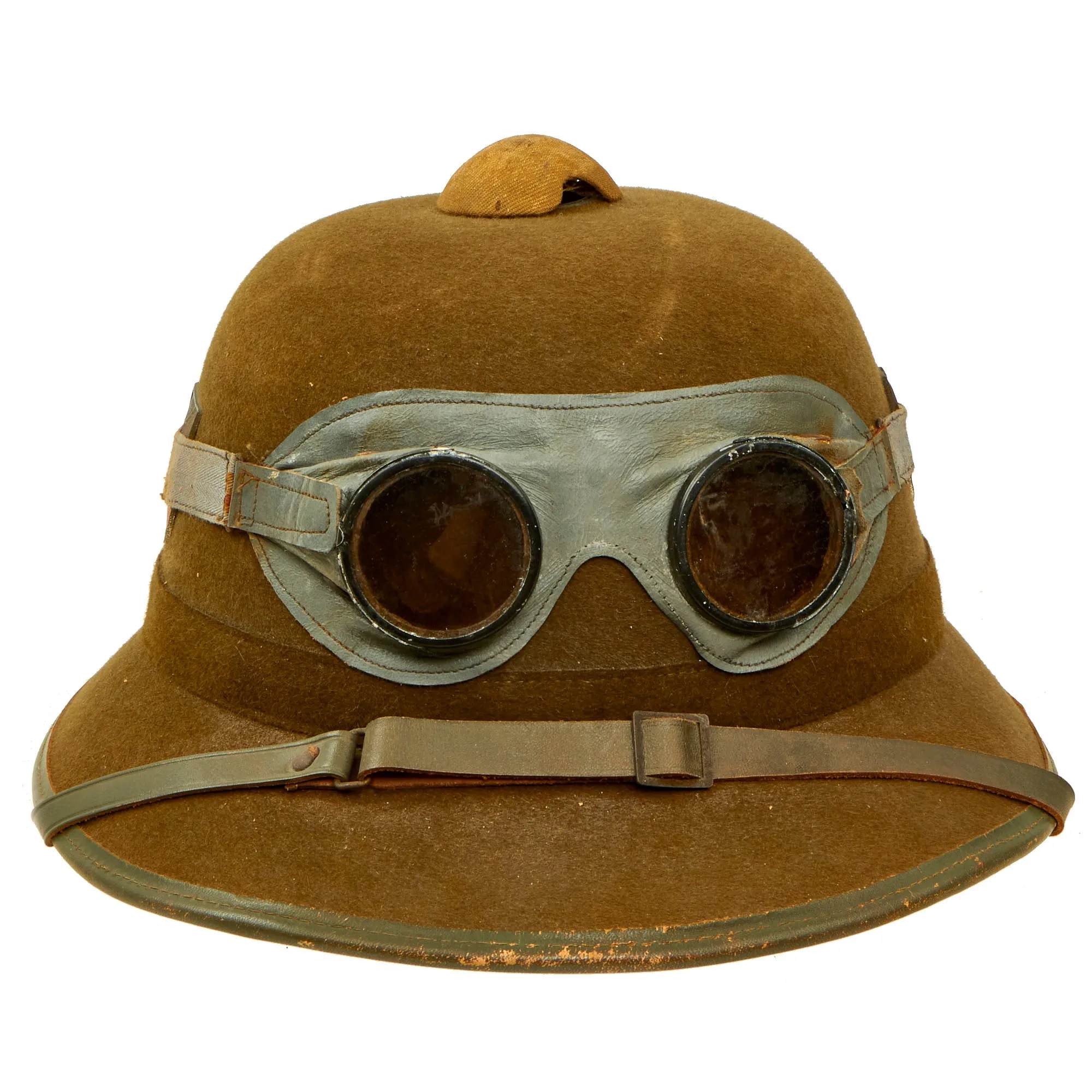 Original German WWII 1942 dated 2nd Model Afrikakorps DAK Sun Helmet by JTA with Badges & Ultrasin Goggles - size 56