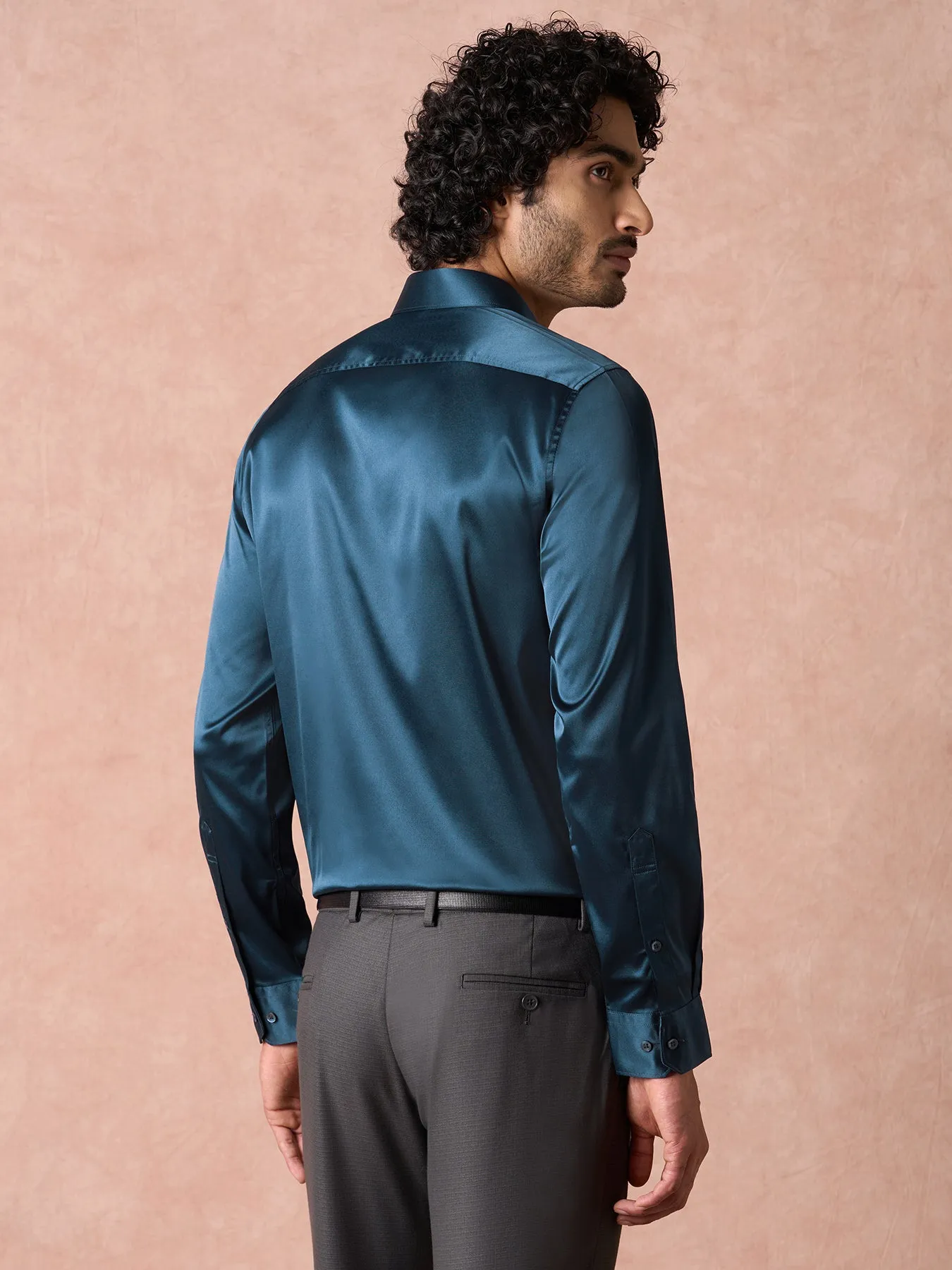 Poly Satin Navy Blue Plains Slim Fit Full Sleeve Ceremonial Shirt