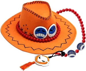 Portgas D Ace Cosplay Costume Hat with Necklace, Halloween Costumes Orange Felt Cowboy Hats Western Hats for Women Men Boys Adults