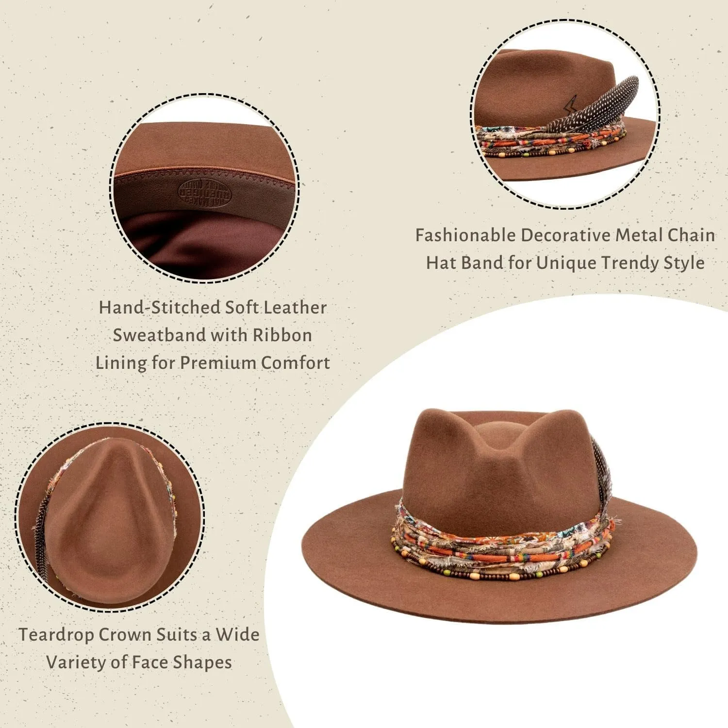 RUEDIGER Retro Wide Brimmed Stiff Fedora Men's and women's Hats,100% Wool Classic Felt Hat,Distressed/Burned Handmade