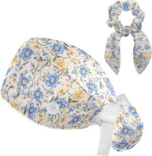 Scrub Caps Women with Button,Adjustable Surgical Caps with Ponytail Pouch,Blue Flower and Yellow Floral Working Cap with Bow