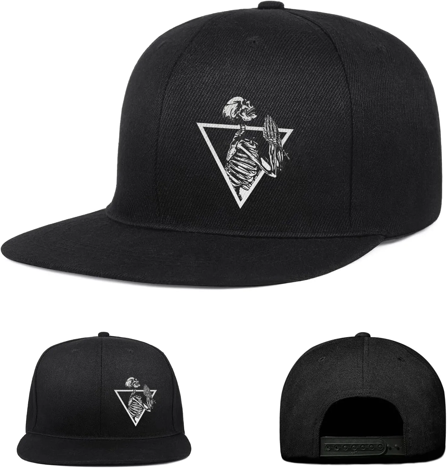 Skull Hat Snapback Hats for Men Boys Skeleton Cap Black Flat Bill Brim Trucker Snap Backpack Hat