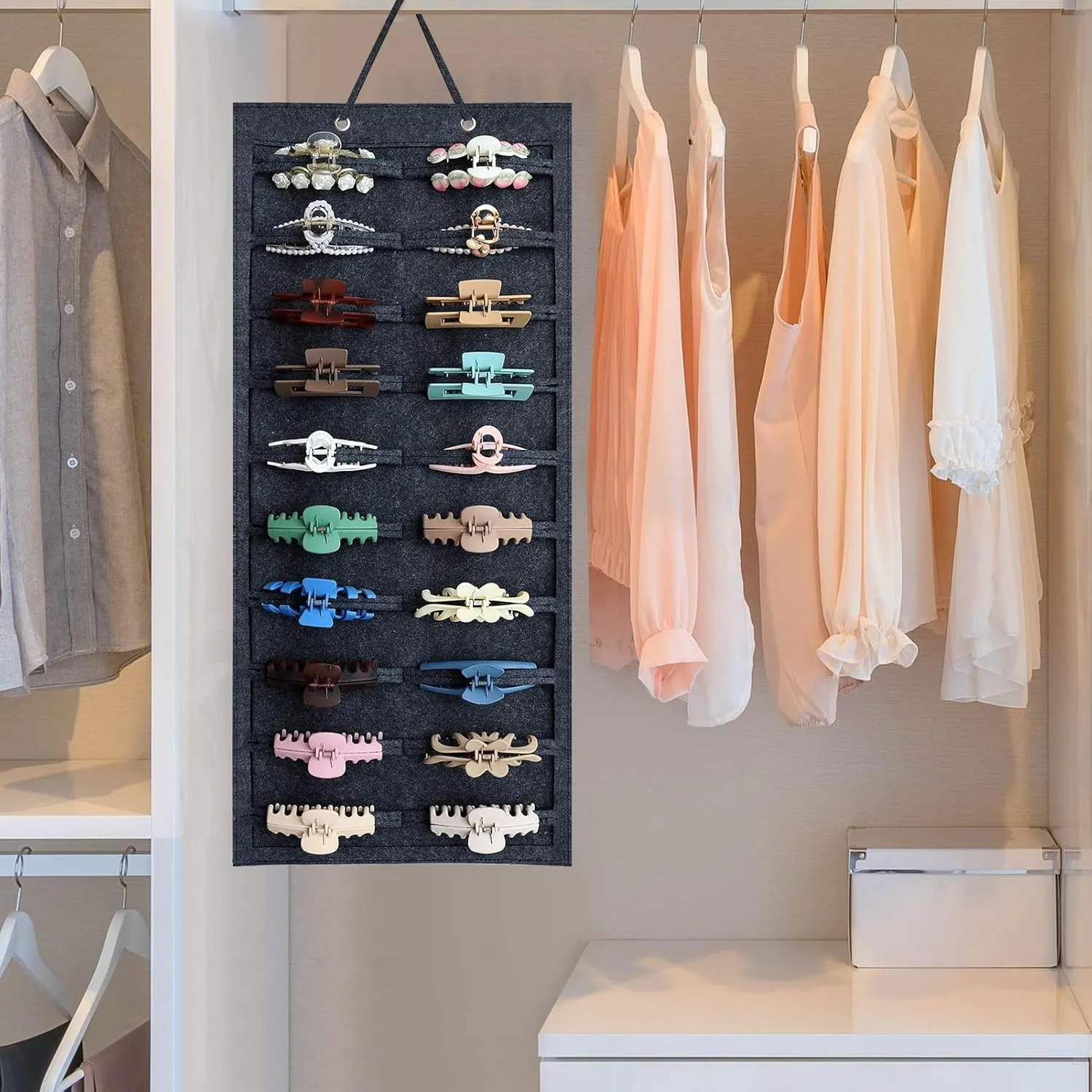 SMUK Claw Clip Organizer for Women, Hanging Mount Hair Clips Holder Organizer for Girls, Hair Bow Claw Clip Stand Storage for Wall, Door, Closet, Horizontal Dark Gray
