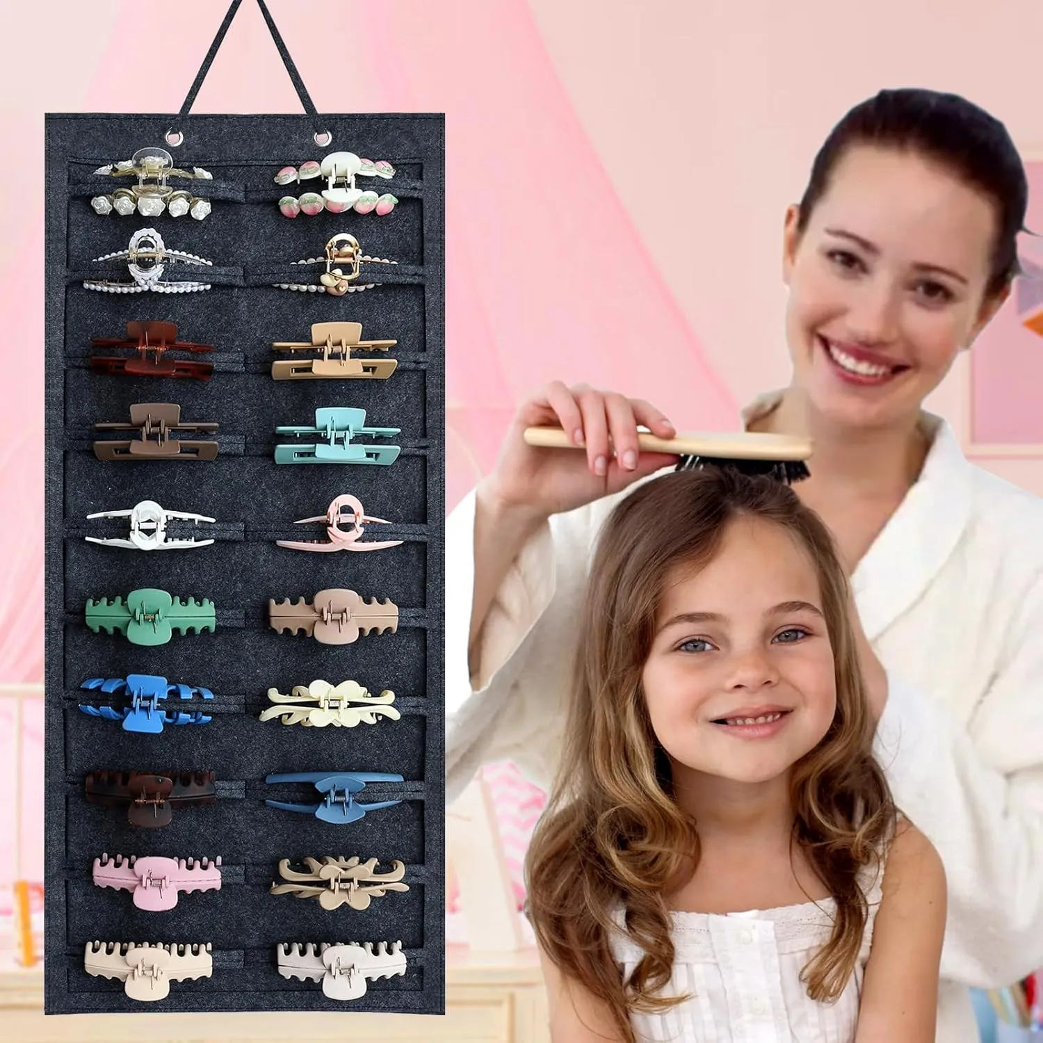 SMUK Claw Clip Organizer for Women, Hanging Mount Hair Clips Holder Organizer for Girls, Hair Bow Claw Clip Stand Storage for Wall, Door, Closet, Horizontal Dark Gray