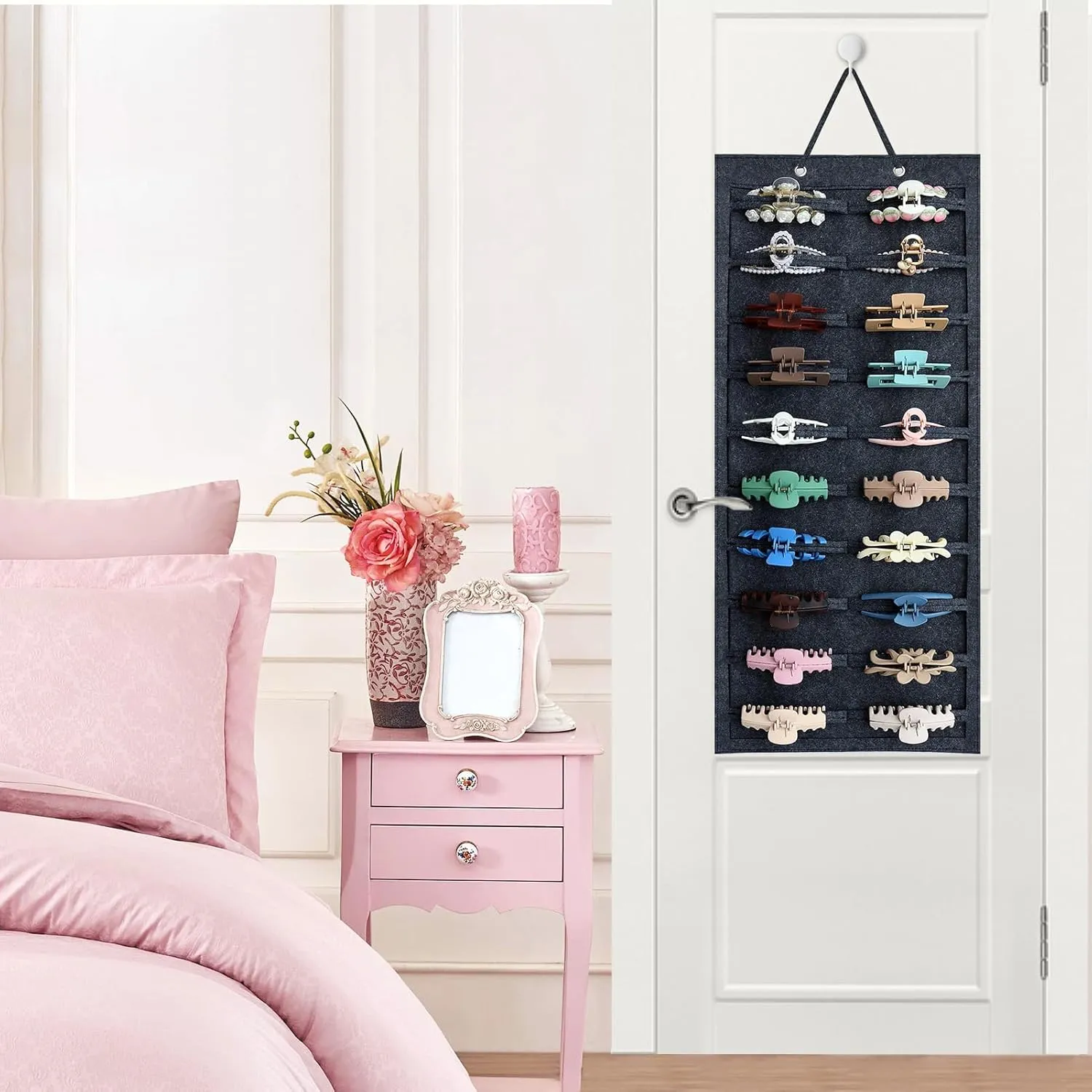 SMUK Claw Clip Organizer for Women, Hanging Mount Hair Clips Holder Organizer for Girls, Hair Bow Claw Clip Stand Storage for Wall, Door, Closet, Horizontal Dark Gray