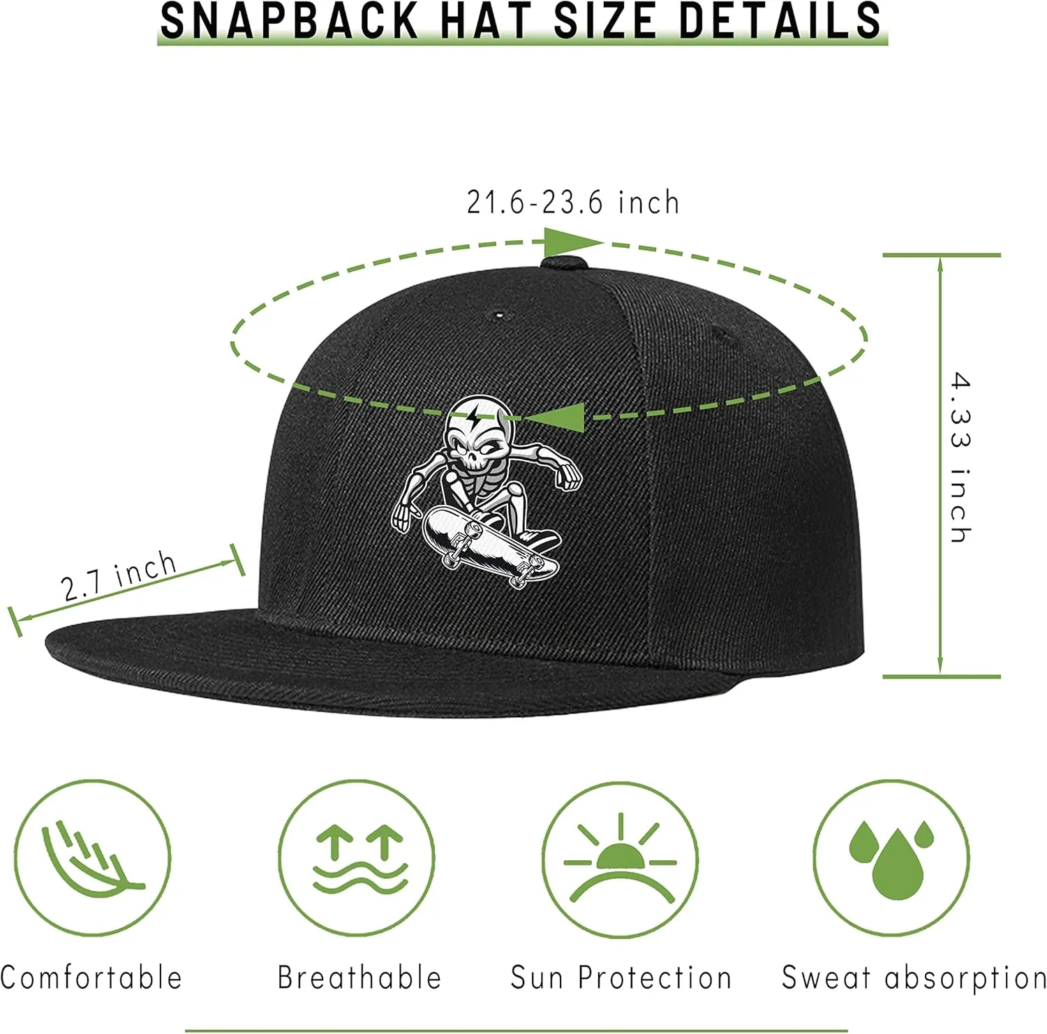 Snapback Hats for Men Flat Bill Brim Hats for Women Fitted Hat Skull Hats Cool Adults Baseball Cap Black Rock N Roll Caps