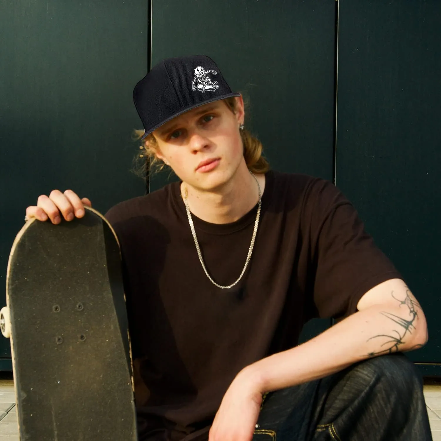Snapback Hats for Men Flat Bill Brim Hats for Women Fitted Hat Skull Hats Cool Adults Baseball Cap Black Rock N Roll Caps