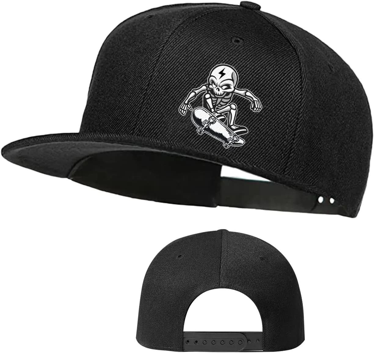 Snapback Hats for Men Flat Bill Brim Hats for Women Fitted Hat Skull Hats Cool Adults Baseball Cap Black Rock N Roll Caps