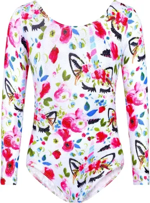 TENVDA Gymnastics Leotards for Girls Sparkly Unicorn Rainbow Long Sleeve Kids Tumbling Outfit Age 2-9 Years Old
