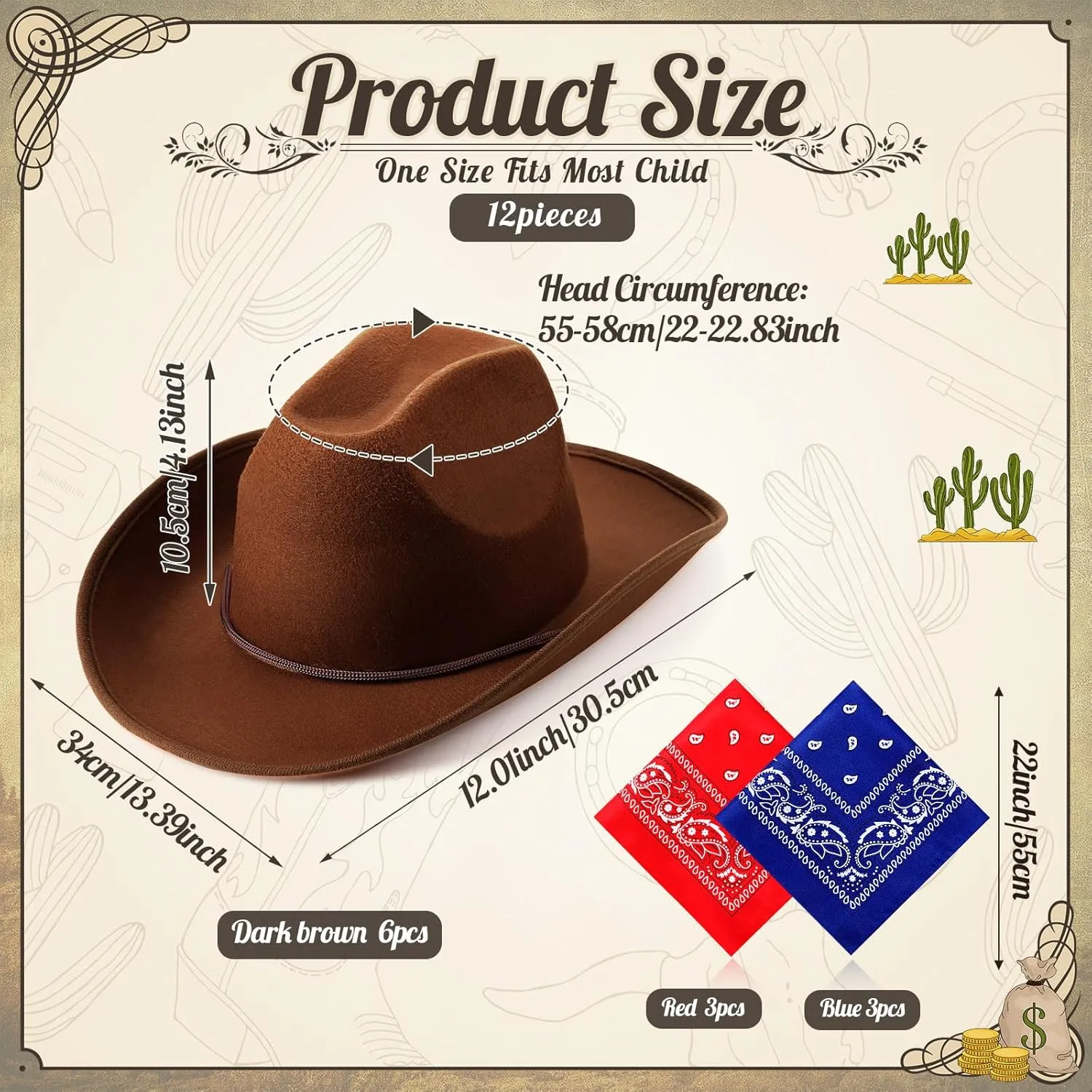 Unittype Kids Western Cowboy Hat Set - 12 Pcs Polyester Cowboy Hats and Bandannas for Cowgirl Cowboy Cosplay