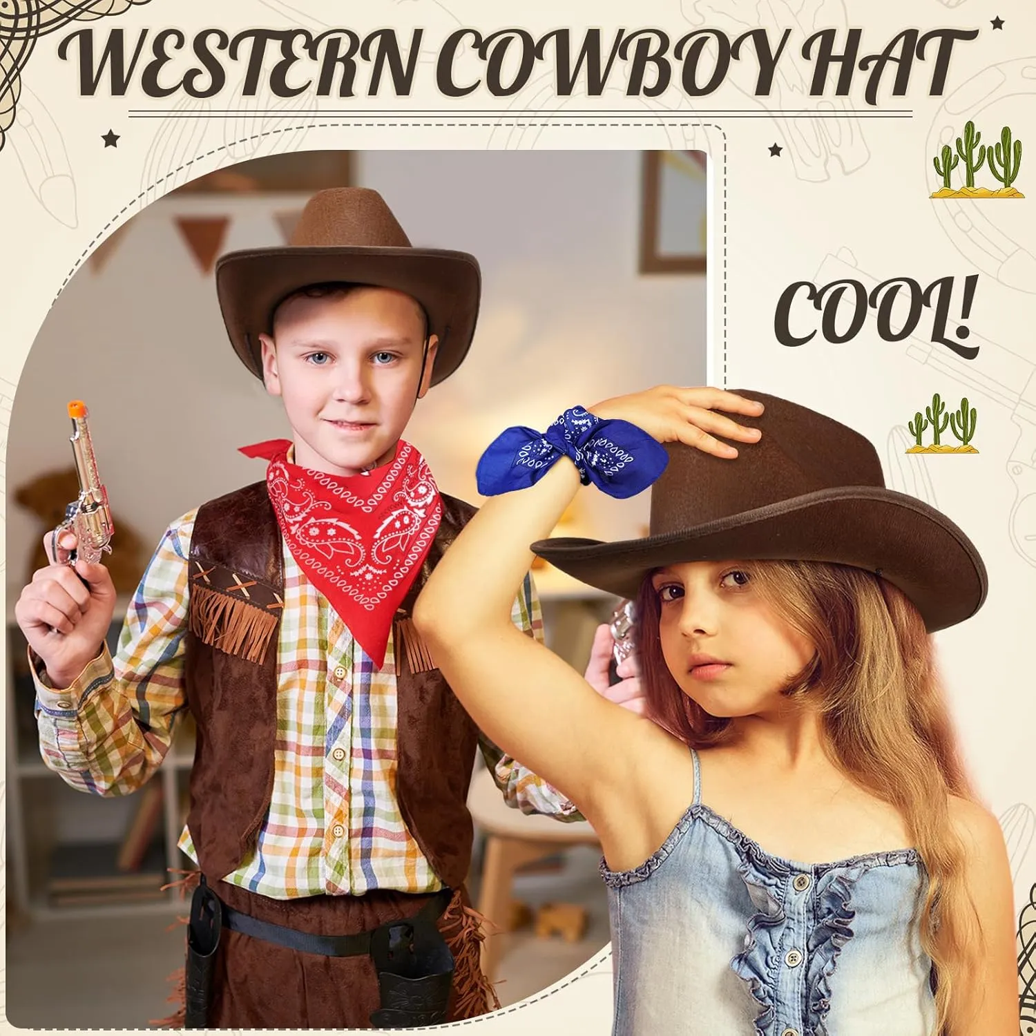 Unittype Kids Western Cowboy Hat Set - 12 Pcs Polyester Cowboy Hats and Bandannas for Cowgirl Cowboy Cosplay