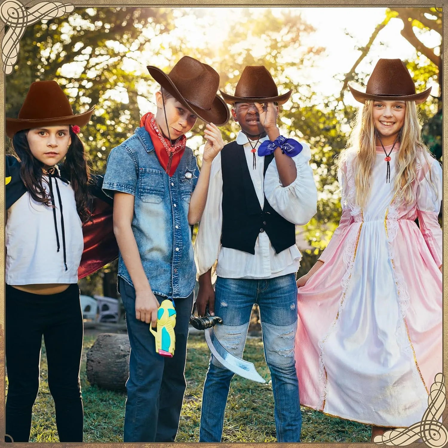 Unittype Kids Western Cowboy Hat Set - 12 Pcs Polyester Cowboy Hats and Bandannas for Cowgirl Cowboy Cosplay