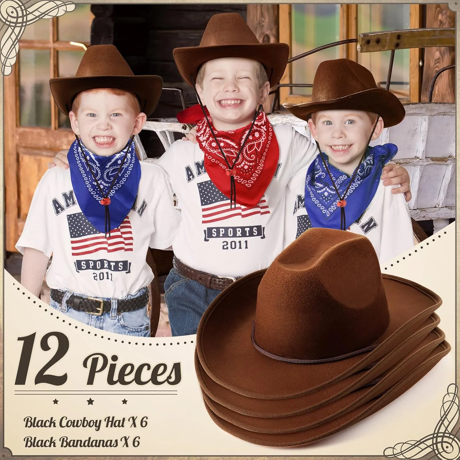 Unittype Kids Western Cowboy Hat Set - 12 Pcs Polyester Cowboy Hats and Bandannas for Cowgirl Cowboy Cosplay
